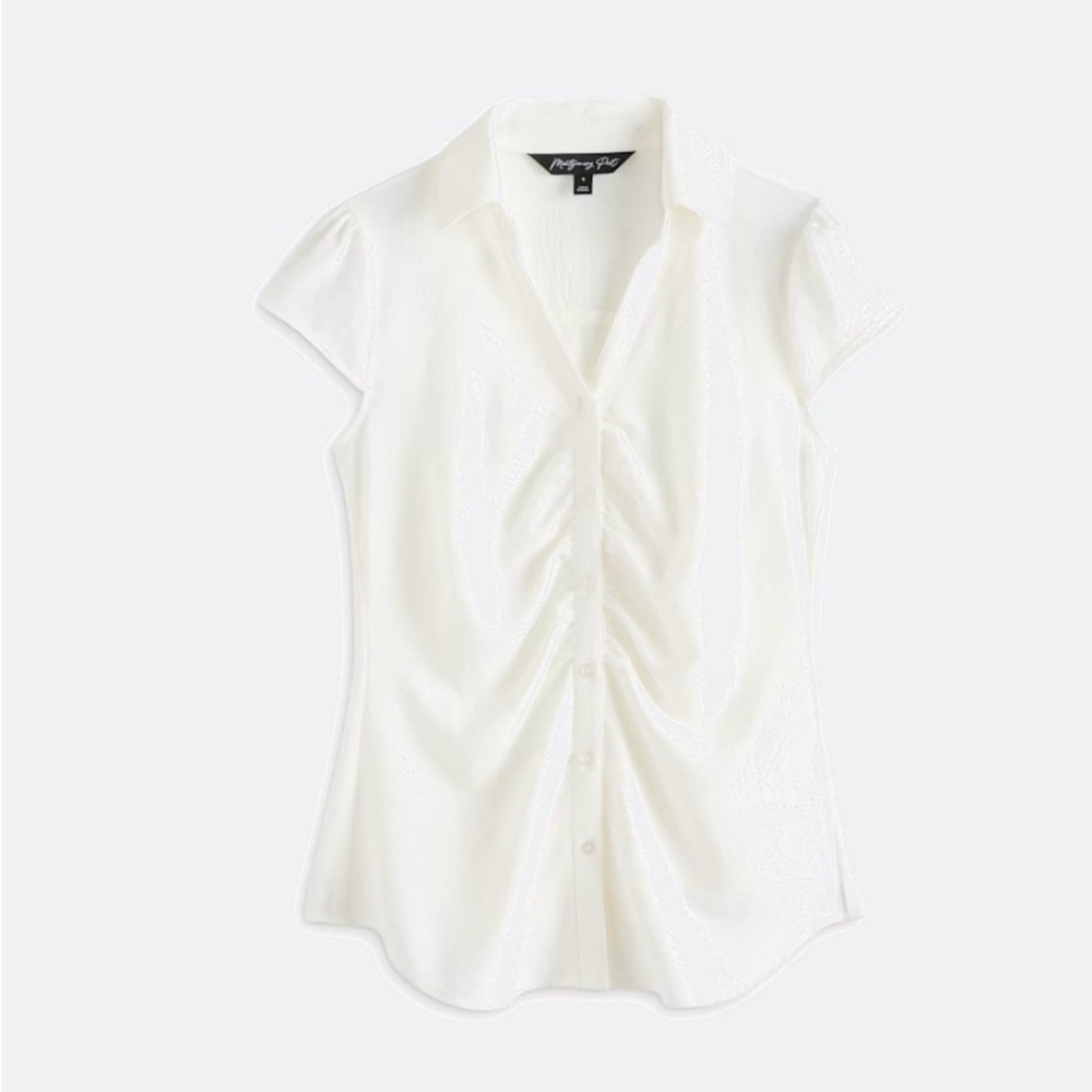 Off White Cap Sleeve Ruched Button-Front Blouse
